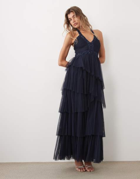 Lace & Beads embellished tulle halter neck tiered ruffle maxi dress in navy - view 1