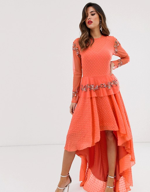 Lace & Beads embroidered high low dress in coral
