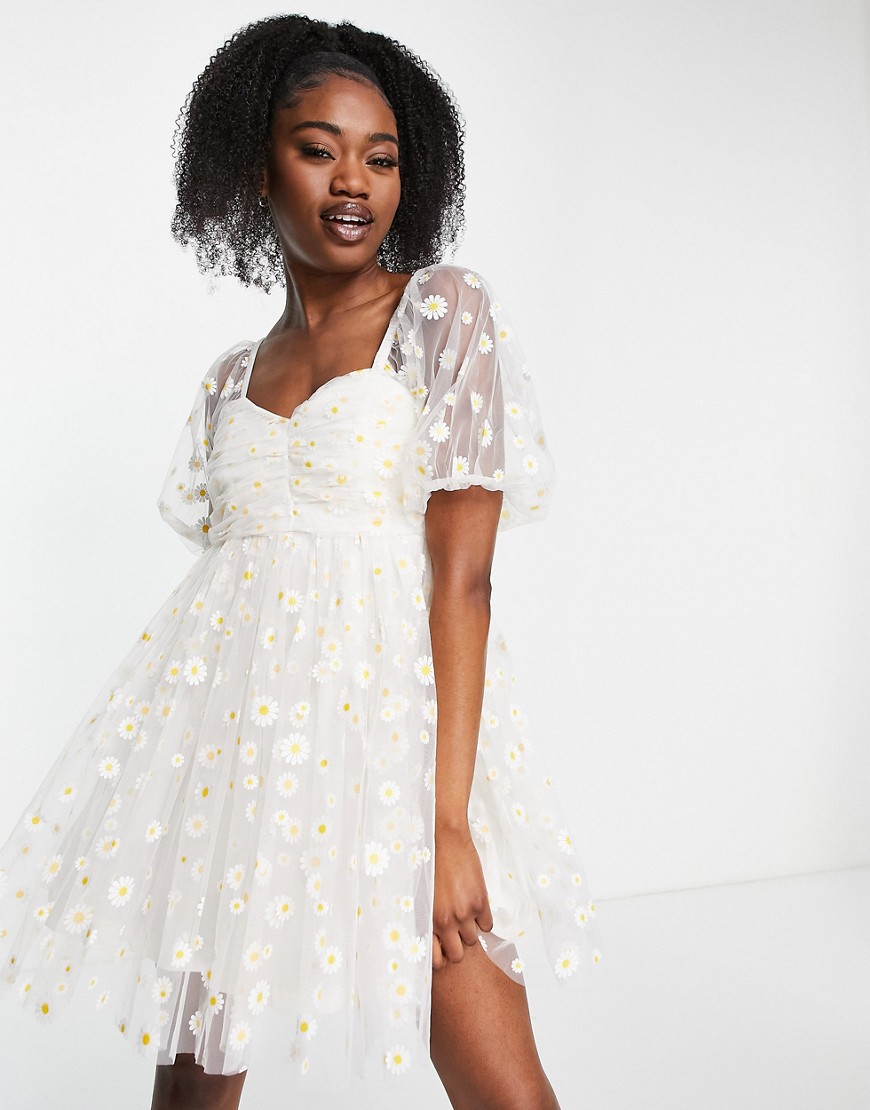 Lace & Beads embroidered mini dress with sheer sleeves in white daisy