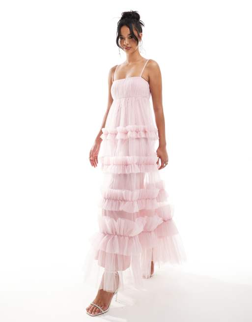Lace & Beads empire ruffle maxi dress in baby pink | ASOS