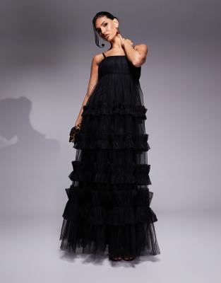 Lace & Beads empire ruffle maxi dress in black φωτογραφία