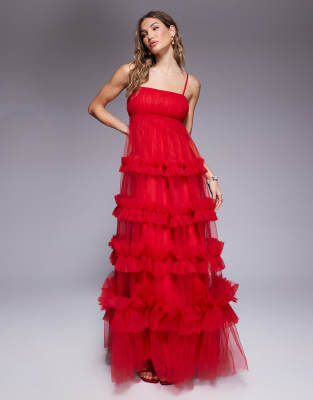 empire ruffle maxi dress in red