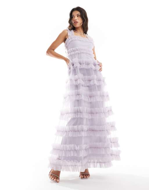 Lace & Beads - Empire - Vestito lungo color peltro con volant in vita