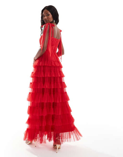 Lace Beads empire waist ruffle maxi dress in red ASOS