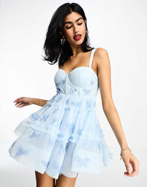 Lace & Beads exclusive 3D tulle corset mini dress in baby blue | ASOS