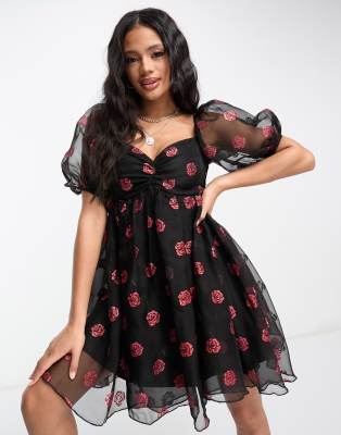 Lace & Beads Exclusive Babydoll Mini Dress In Ditsy Glitter Rose-black