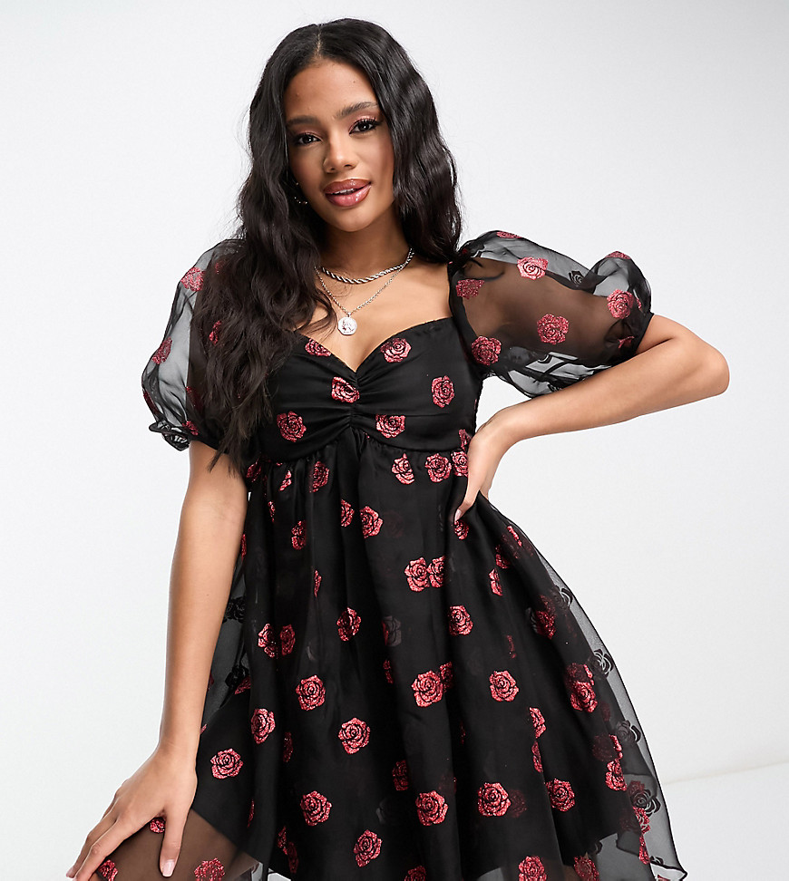 Lace & Beads Exclusive babydoll mini dress in ditsy glitter rose-Black