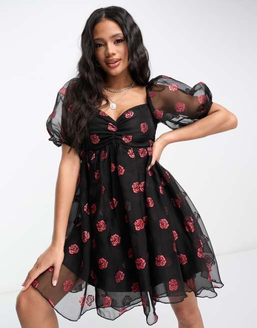 Frances Floral Embroidered Puff Sleeve Babydoll Mini Dress • Shop