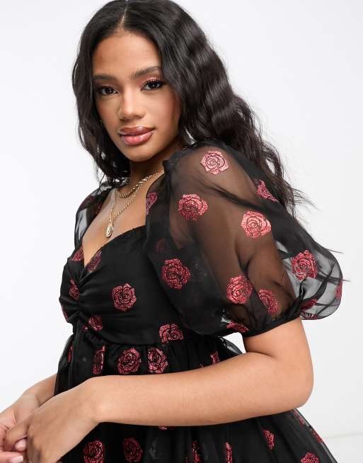 Lace & Beads Plus exclusive puff sleeve babydoll mini dress in