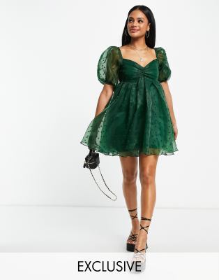 Lace & Beads exclusive babydoll mini dress in emerald green polka dot