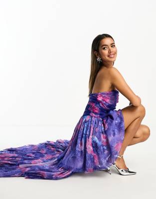 Lace & Beads Exclusive Bandeau High Low Maxi Dress In Cobalt Floral-blue