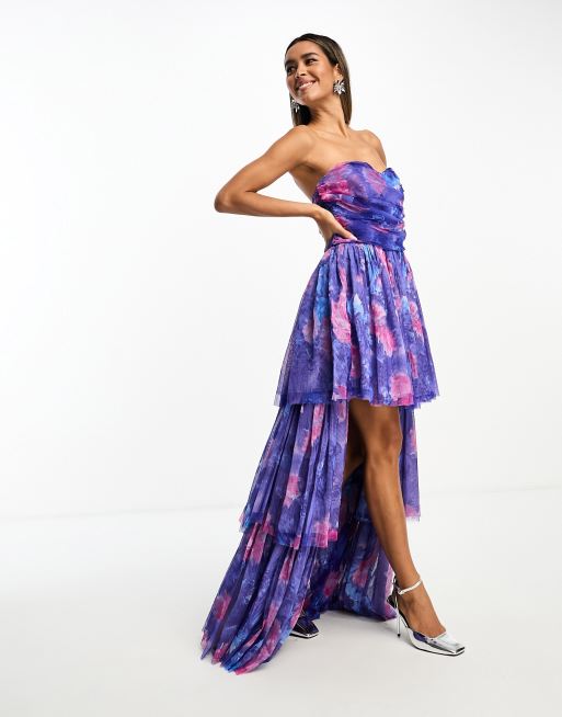 Lace & Beads exclusive bandeau high low maxi dress in cobalt