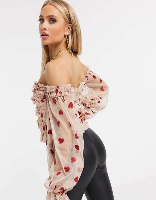 Lace and beads bardot ruffle top new arrivals