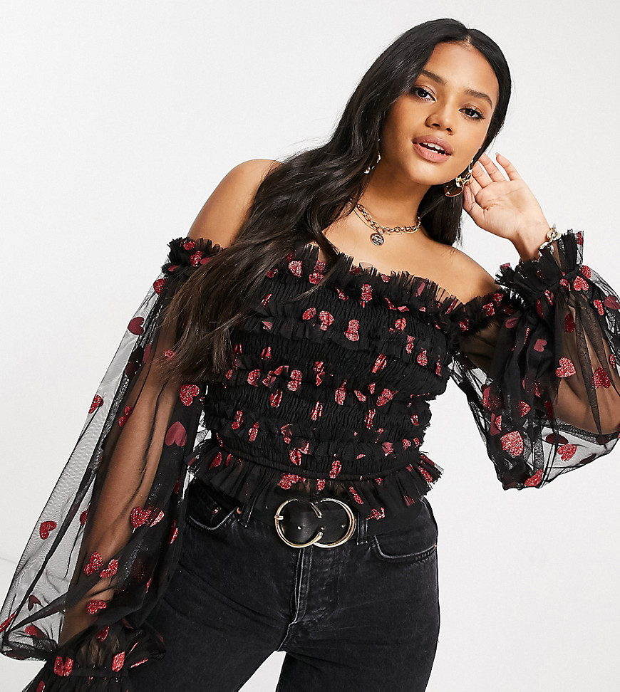 Lace & Beads exclusive bardot ruffle top with sheer balloon sleeves in glitter heart print-Black