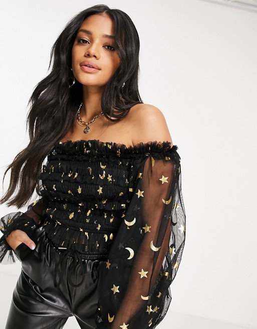 Lace & Beads exclusive bardot ruffle top with sheer balloon sleeves in glitter moon print