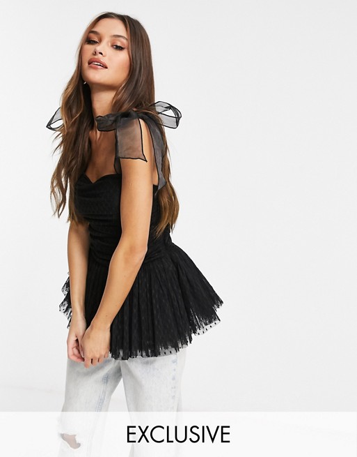 Lace & Beads exclusive bow shoulder ruched peplum top in black dobby mesh