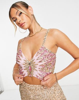 Lace & Beads exclusive sequin crop top co-ord in pink