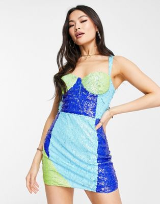 Lace & Beads exclusive colour block sequin mini dress in blue