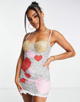 exclusive contrast heart embellished mini dress in red and pink-Multi