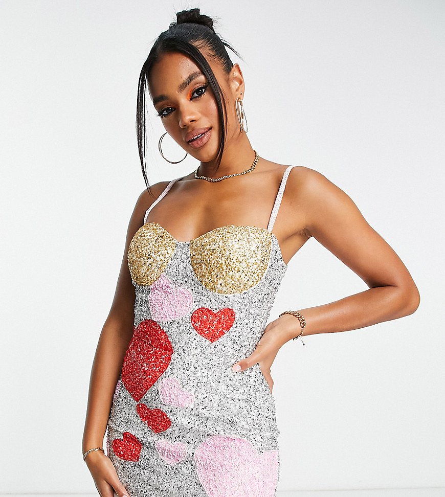 Lace & Beads Exclusive Contrast Heart Embellished Mini Dress In Red And Pink-multi