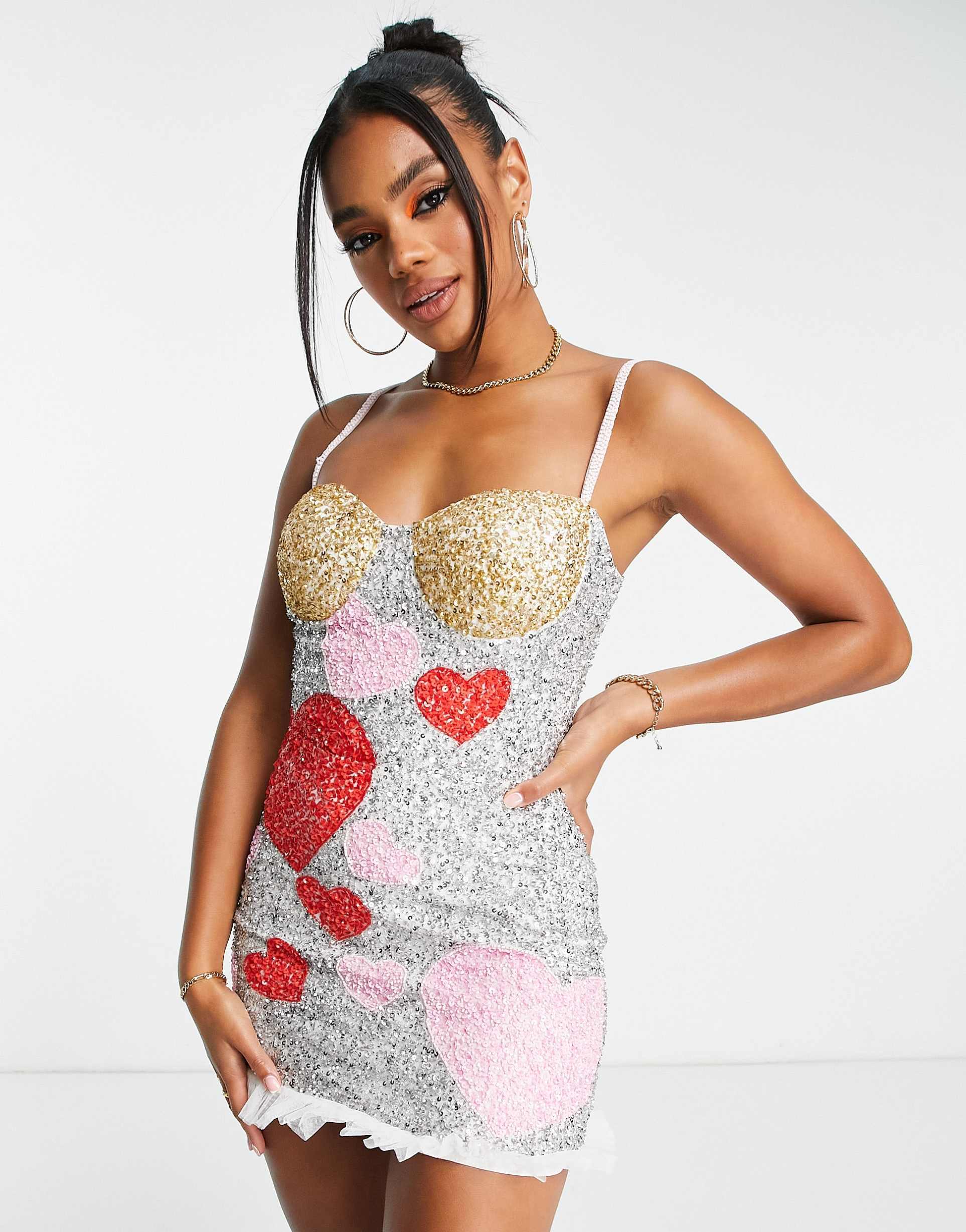 lace & beads exclusive contrast heart embellished mini dress in red and pink