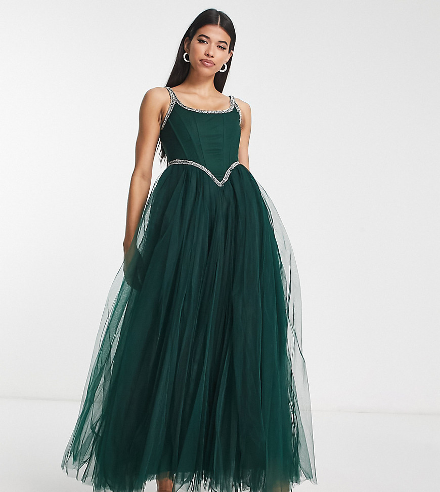 Lace & Beads exclusive corset embellished maxi dress in emerald green