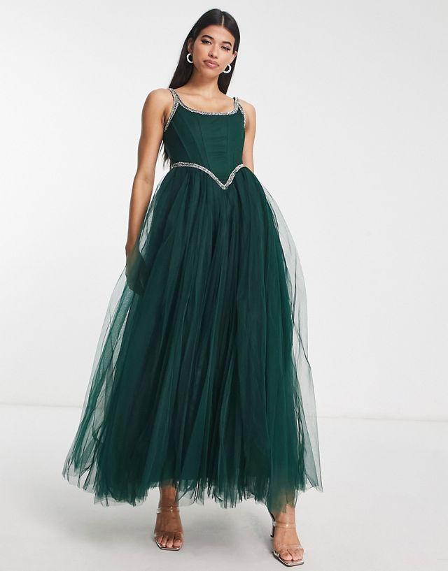 Lace & Beads exclusive corset embellished maxi dress in emerald green