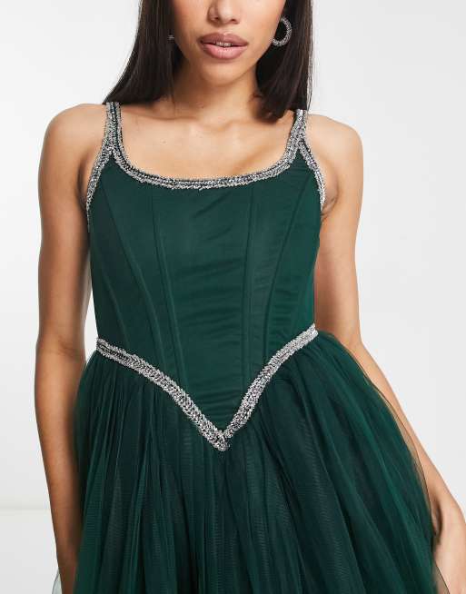 Lace & Beads exclusive corset embellished maxi dress in emerald green