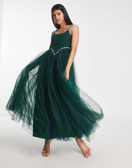 Lace & Beads exclusive corset embellished maxi dress in emerald green