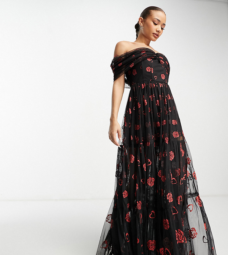 Lace & Beads exclusive corset maxi dress in glitter hearts-Black