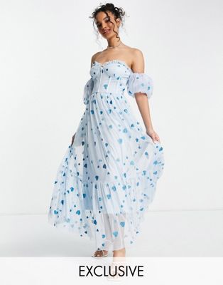 Lace & Beads exclusive corset puff sleeve dress in powder blue heart | ASOS