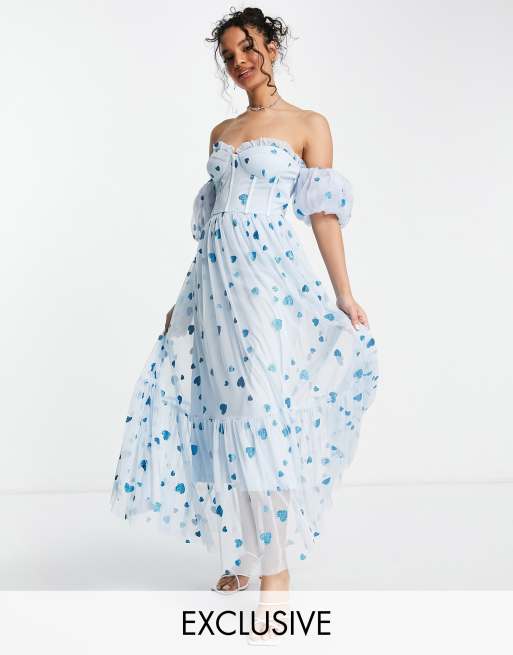 Sheer-Corset Long Blue Formal Dress with Puff Sleeves Blue / 4