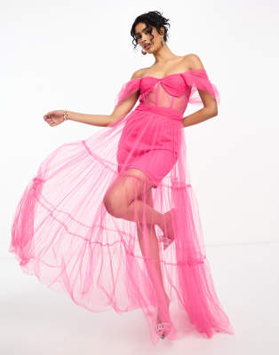 Lace & Beads Exclusive Corset Tulle Maxi Dress In Pink