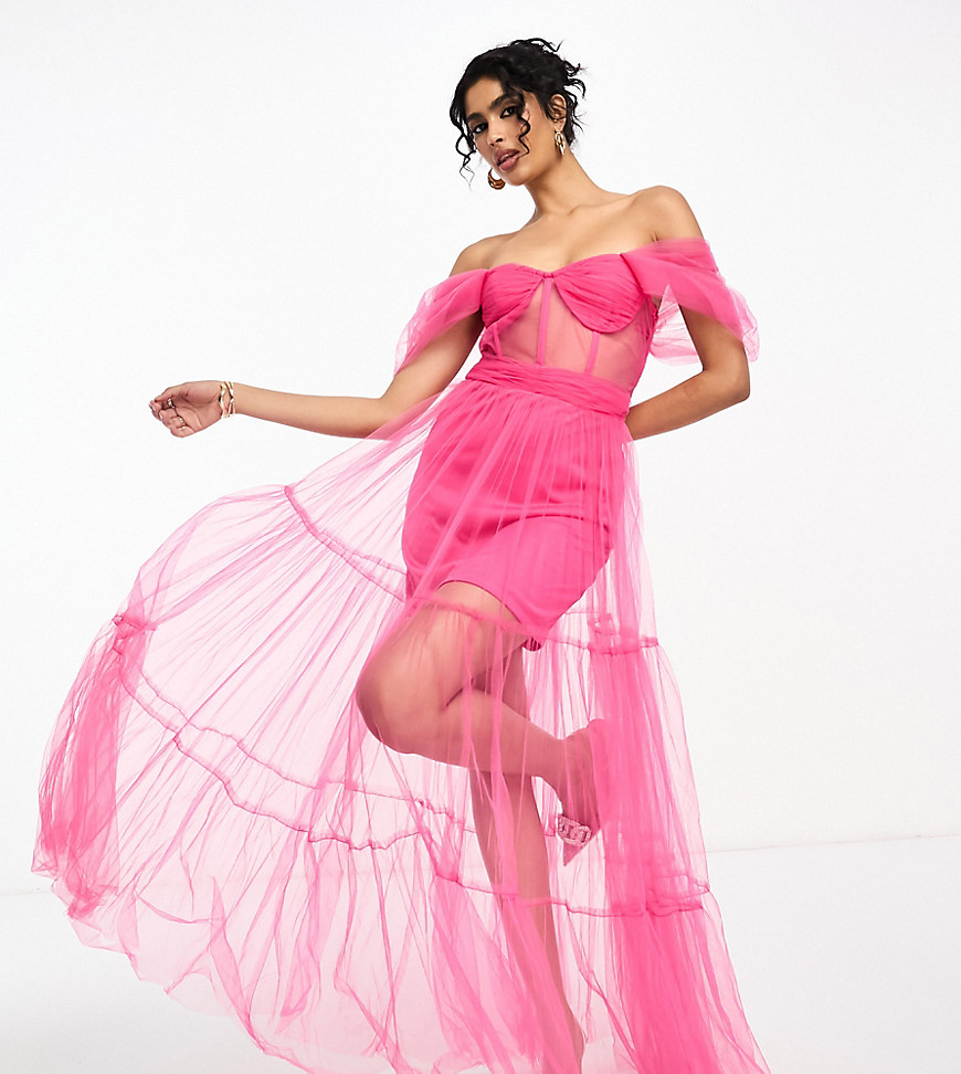 Lace & Beads exclusive corset tulle maxi dress in pink