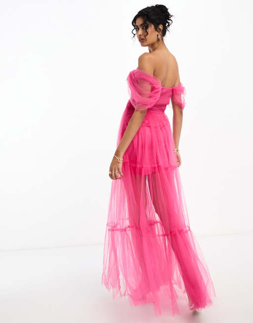 Lace & Beads exclusive corset tulle maxi dress in pink