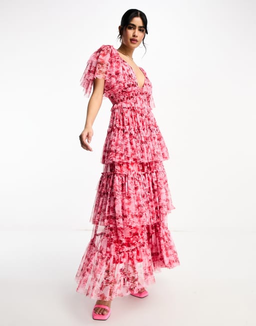 Lace & Beads Exclusive – Czerwona sukienka maxi z falbankami, zwiewnymi rękawami i kwiatowym wzorem