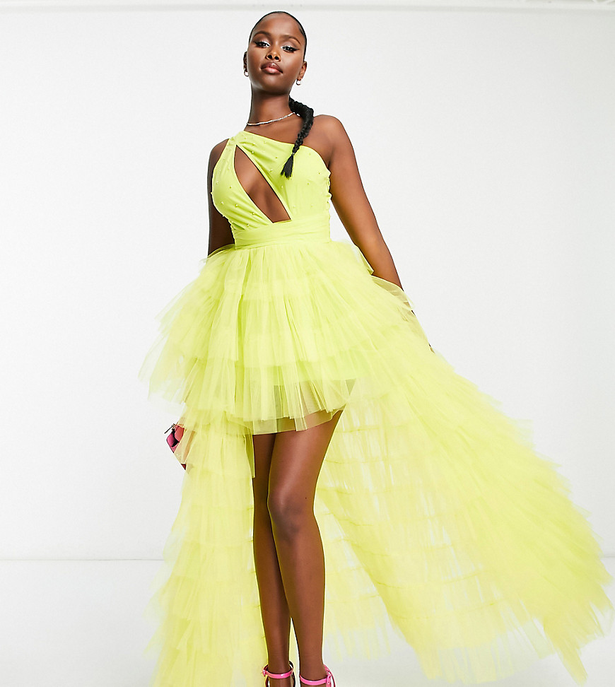 Lace & Beads Exclusive embellished cut-out tulle maxi dress in lime-Green