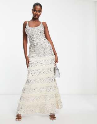 Lace & Beads exclusive embellished maxi dress in champagne-White