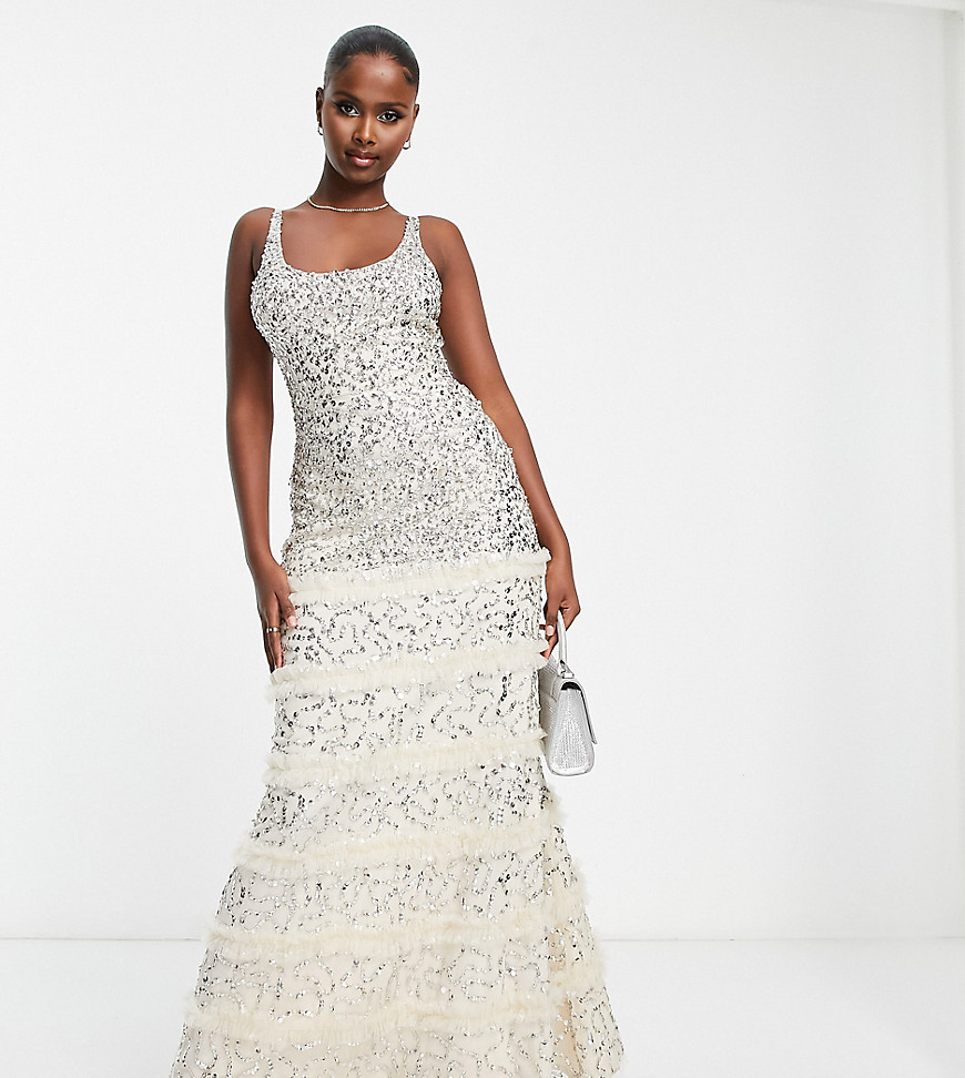 Lace & Beads exclusive embellished maxi dress in champagne-White