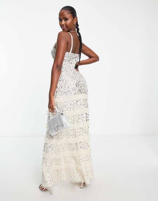 Lace Beads exclusive embellished maxi dress in champagne