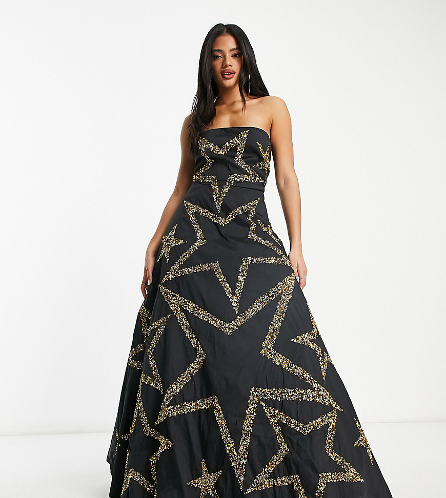 Lace & Beads exclusive embellished star maxi dress in black