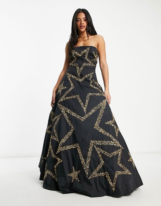 Lace & Beads exclusive embellished star maxi dress in black