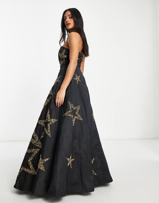 Lace Beads exclusive embellished star maxi dress in black