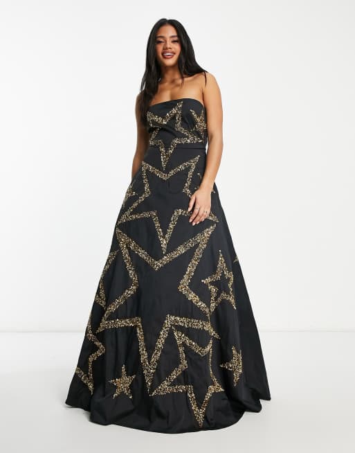 Lace & Beads exclusive embellished star maxi dress in black