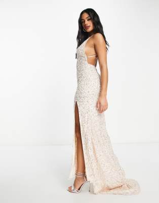 Lace & Beads Exclusive embellished thigh slit maxi dress in light gold