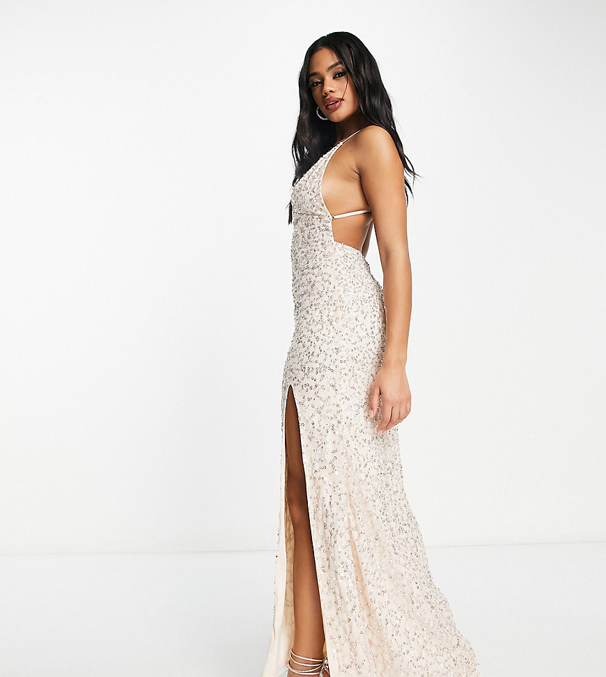 Lace & Beads Exclusive embellished thigh slit maxi dress in light gold