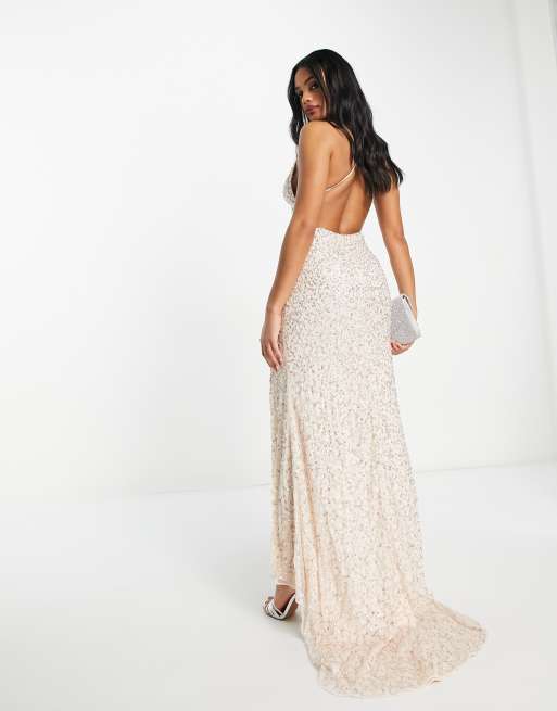 Lace & Beads Exclusive embellished thigh slit maxi dress in light gold