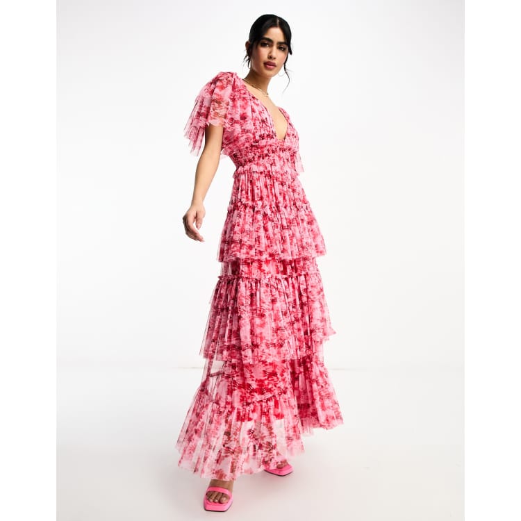 パーティードレス Lyndsy Flutter Sleeve Cutout Embroidered Maxi Dress Flutter Sleeve Cutout Tie-back Maxi Bridesmaid Dress With