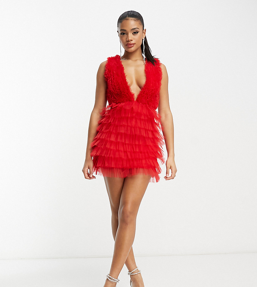 Lace & Beads exclusive heart cut-out back tulle mini dress in red