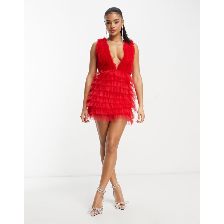 Lace & Beads exclusive heart cut-out back tulle mini dress in red